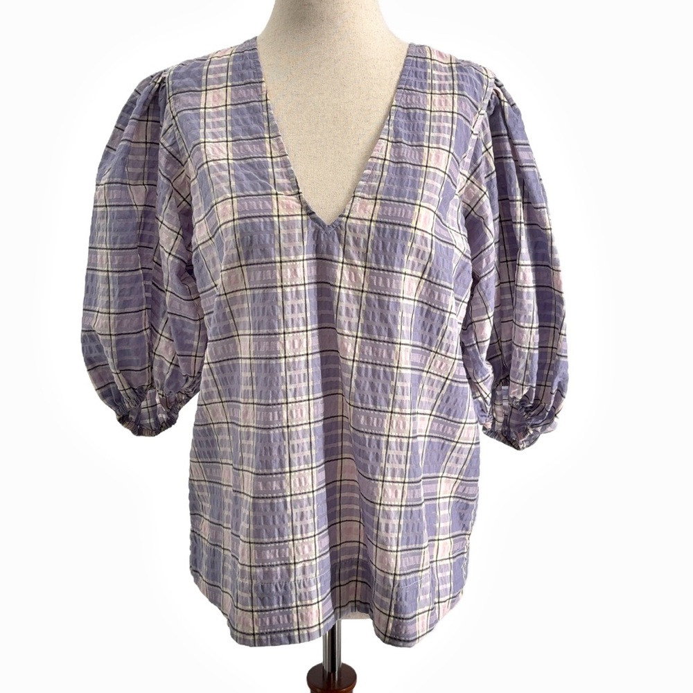 Ganni Check Seersucker Check V Neck Blouse in Persian Violet Check - Size Small - Picture 3 of 10